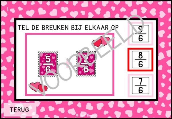 INTERACTIEVE POWERPOINT: BREUKEN OPTELLEN GROTER DAN 1 ZONDER VEREENVOUDIGEN VALENTIJNS EDITION - Afbeelding 5