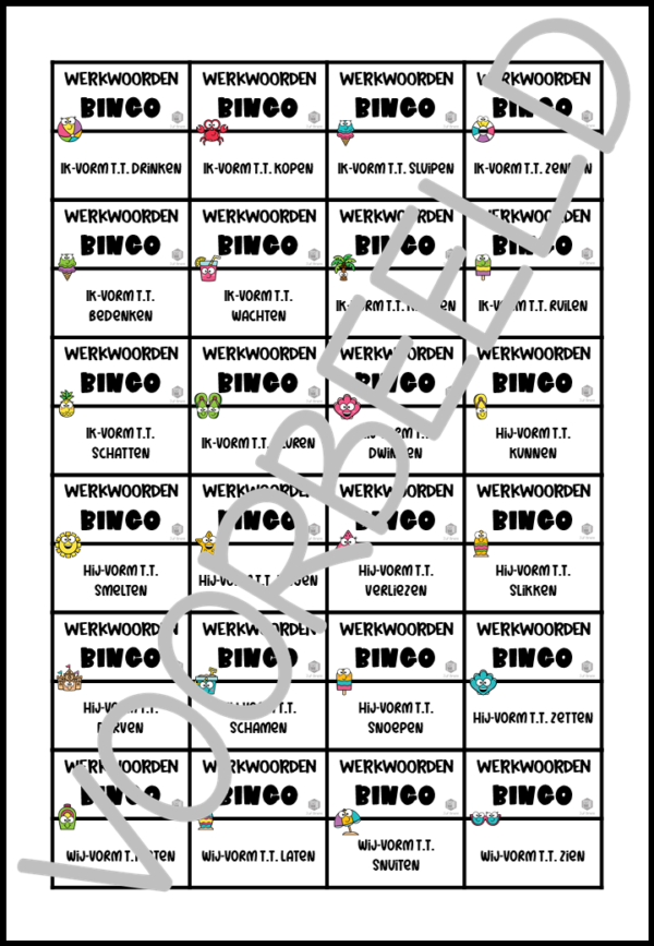 BINGO: WERKWOORDEN IN DE TEGENWOORDIGE EN VERLEDEN TIJD VOLTOOID DEELWOORD SUMMER EDITION - Afbeelding 4