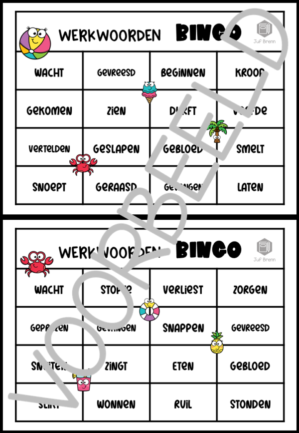 BINGO: WERKWOORDEN IN DE TEGENWOORDIGE EN VERLEDEN TIJD VOLTOOID DEELWOORD SUMMER EDITION - Afbeelding 2