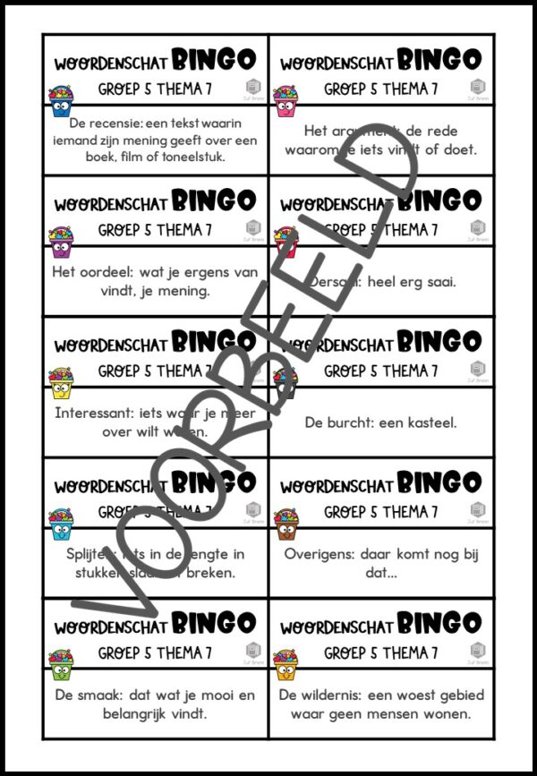TAAL ACTIEF WOORDENSCHATBINGO GROEP 5 THEMA 7 - Afbeelding 3
