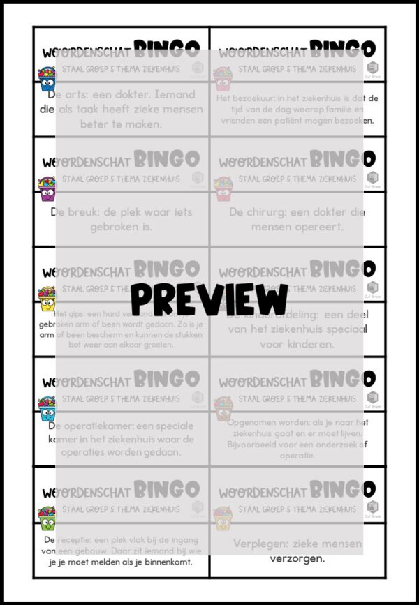 STAAL 1 WOORDENSCHATBINGO GROEP 5 THEMA ZIEKENHUIS - Afbeelding 3
