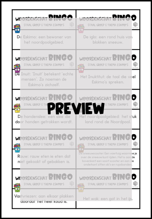 STAAL 1 WOORDENSCHATBINGO GROEP 5 THEMA ESKIMO'S - Afbeelding 3