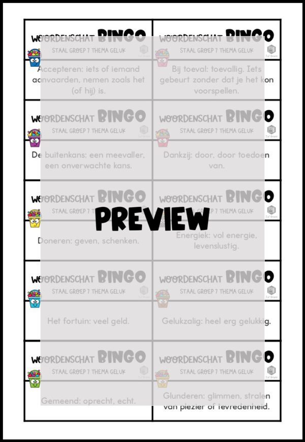 STAAL 1 WOORDENSCHATBINGO GROEP 7 THEMA GELUK - Afbeelding 3